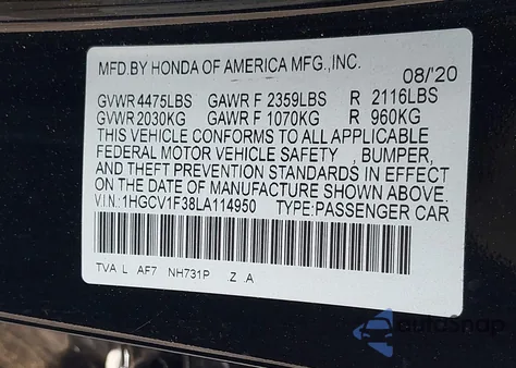 2020 Honda Accord Sport from USA, damaged, VIN 1HGCV1F38LA114950